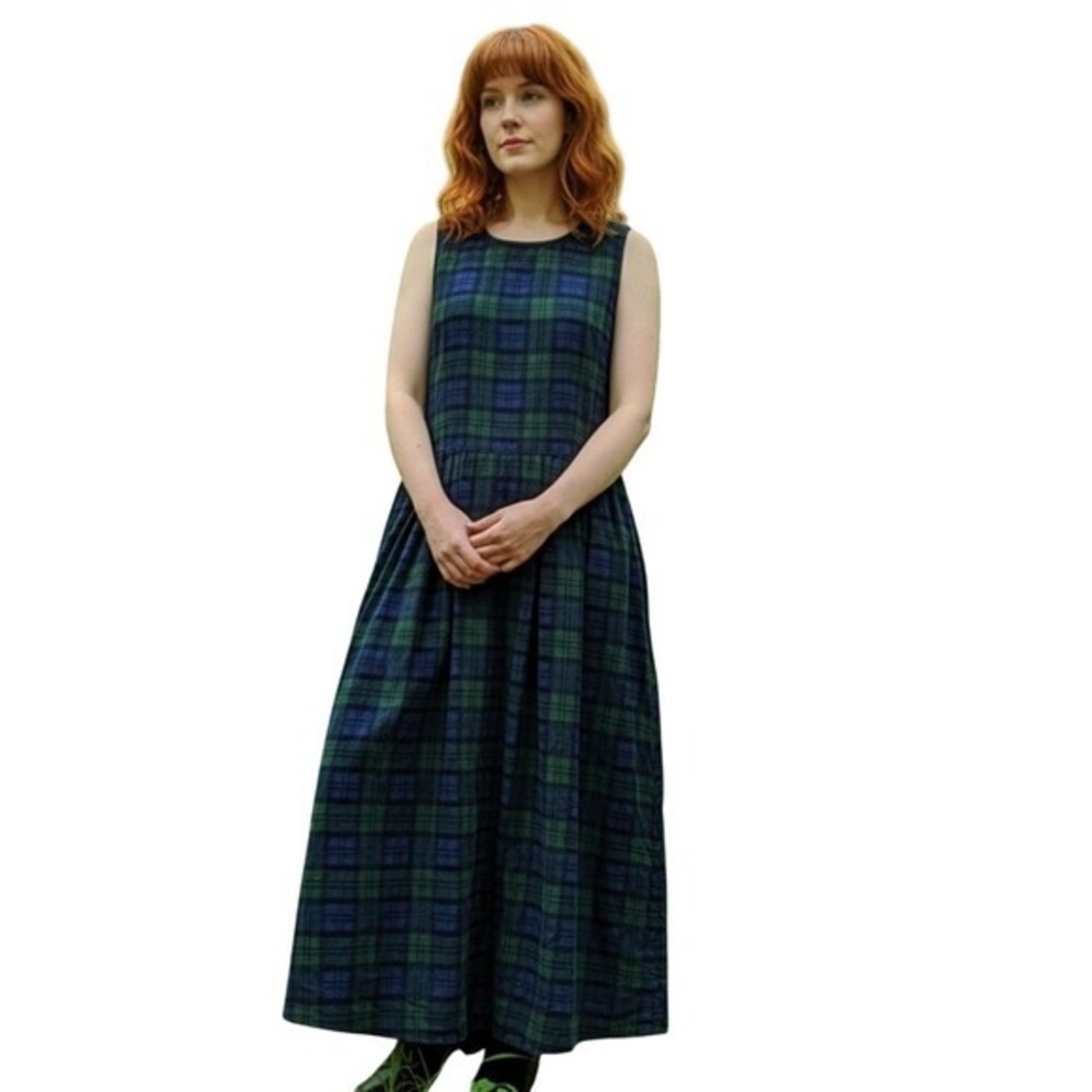 VTG Womens Overall Corduroy Maxi Dress 100% Cotton Tartan Jumper Blue Green L‎